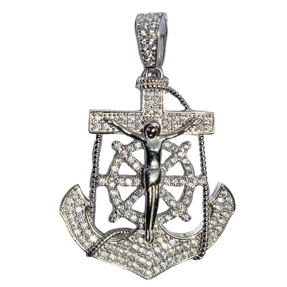 Real 925 Sterling Silver Jesus Ship Anchor Cross Iced Flooded Out Simulated CZ Pendant