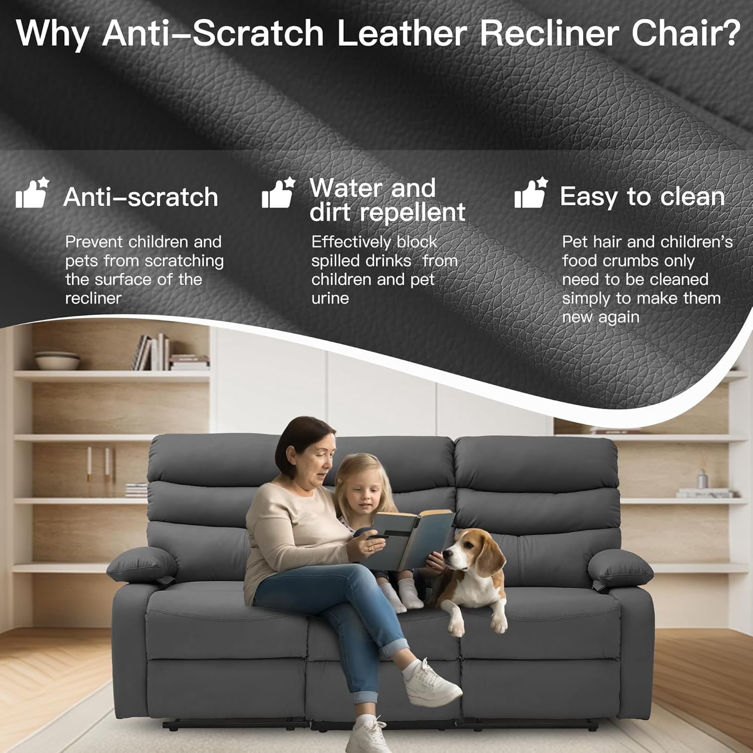 Chizzysit Loveseat Recliner Sofa Set, Small Leather Couch 3-Seater Manual Seater Recliner, Triple Recliner Chair for Living Room, RV, Home Theater Seating - Drak Gray