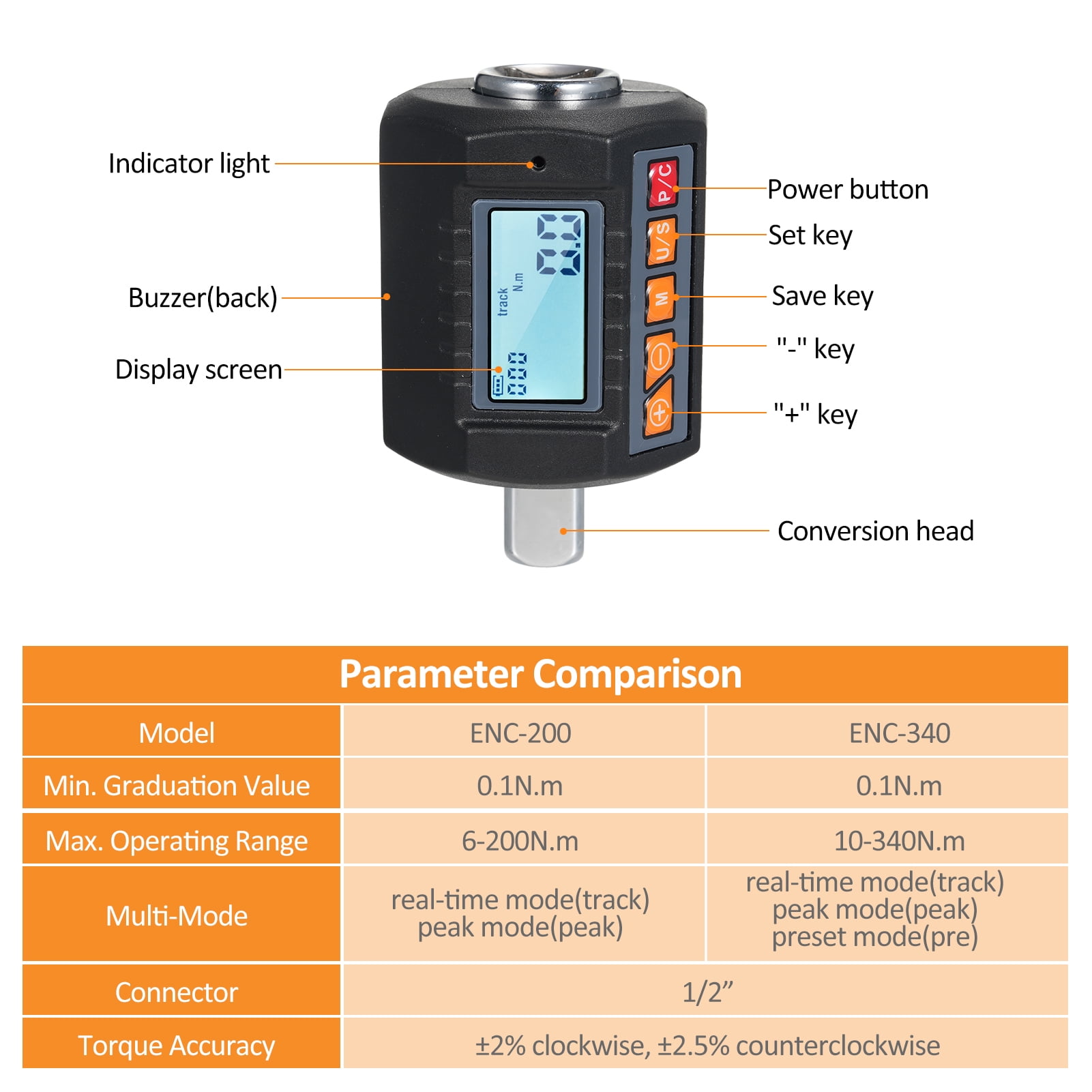 ENC 340 Digital Torque Meter Backlit Display, Sound Light Alarm Function