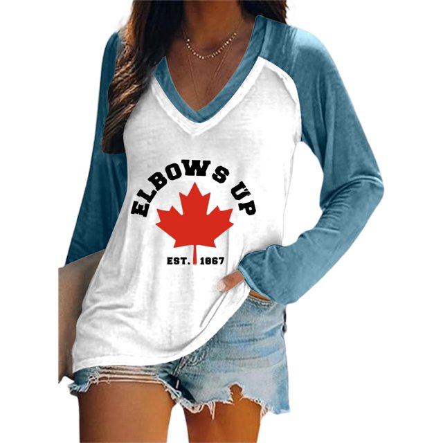 MHFRRA Camiseta de Manga Larga con Cuello En V y Estampado de La Bandera de Canadá para Mujer Azul Claro