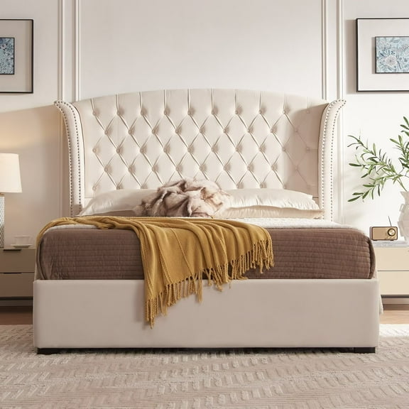 Luxurious Upholstered Wingback Storage Platform Bed with 60 inch High Headboard, Premium Linen, Dual Storage Drawers, and Sprung Slats-QUEEN CREAM