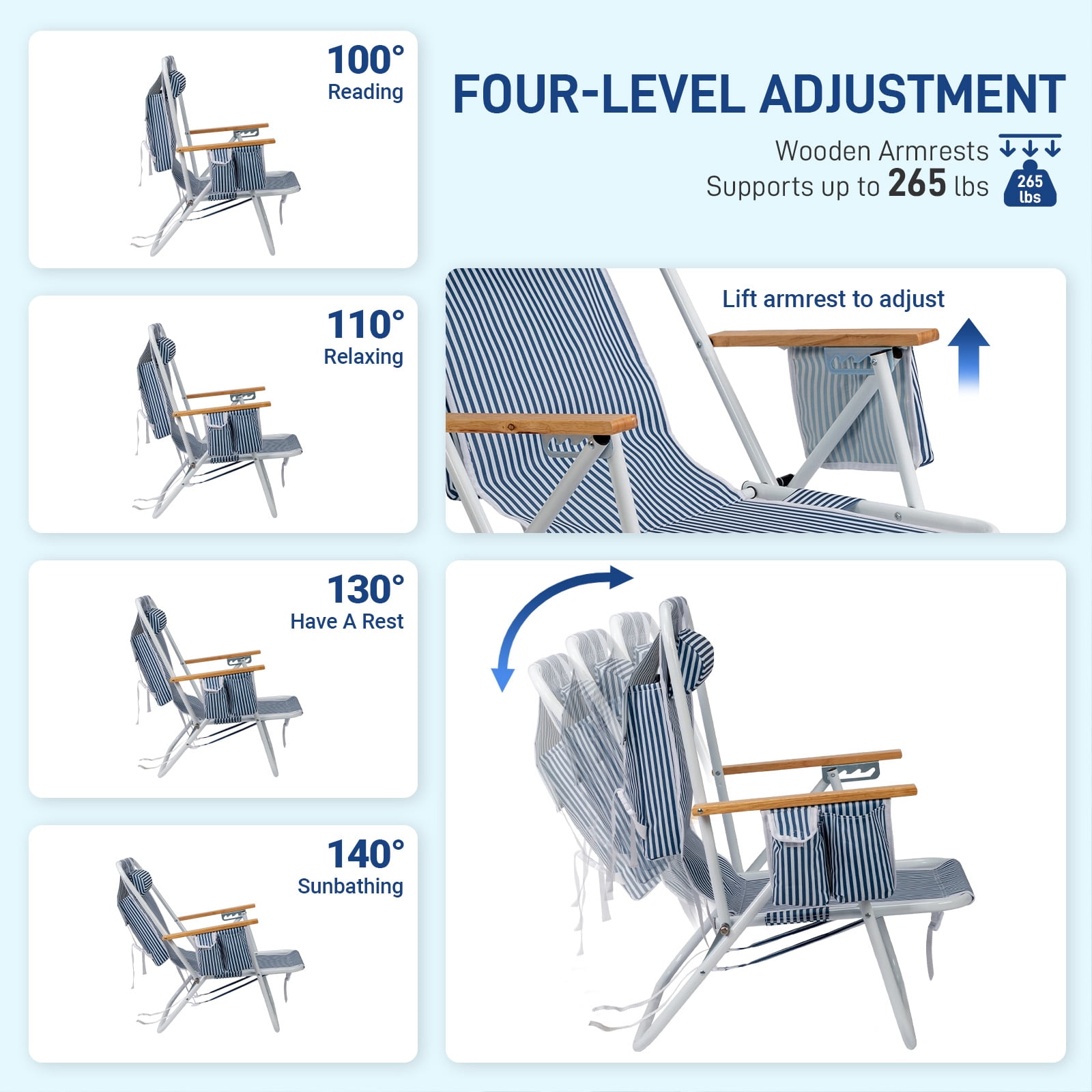 4-Position Adjustable Backpack Beach Chair, Foldable Rustproof Aluminum Frame Lounge Chair with Wooden Armrest, Side Storage Pockets & Detachable Pillow, 24"x22"x37"