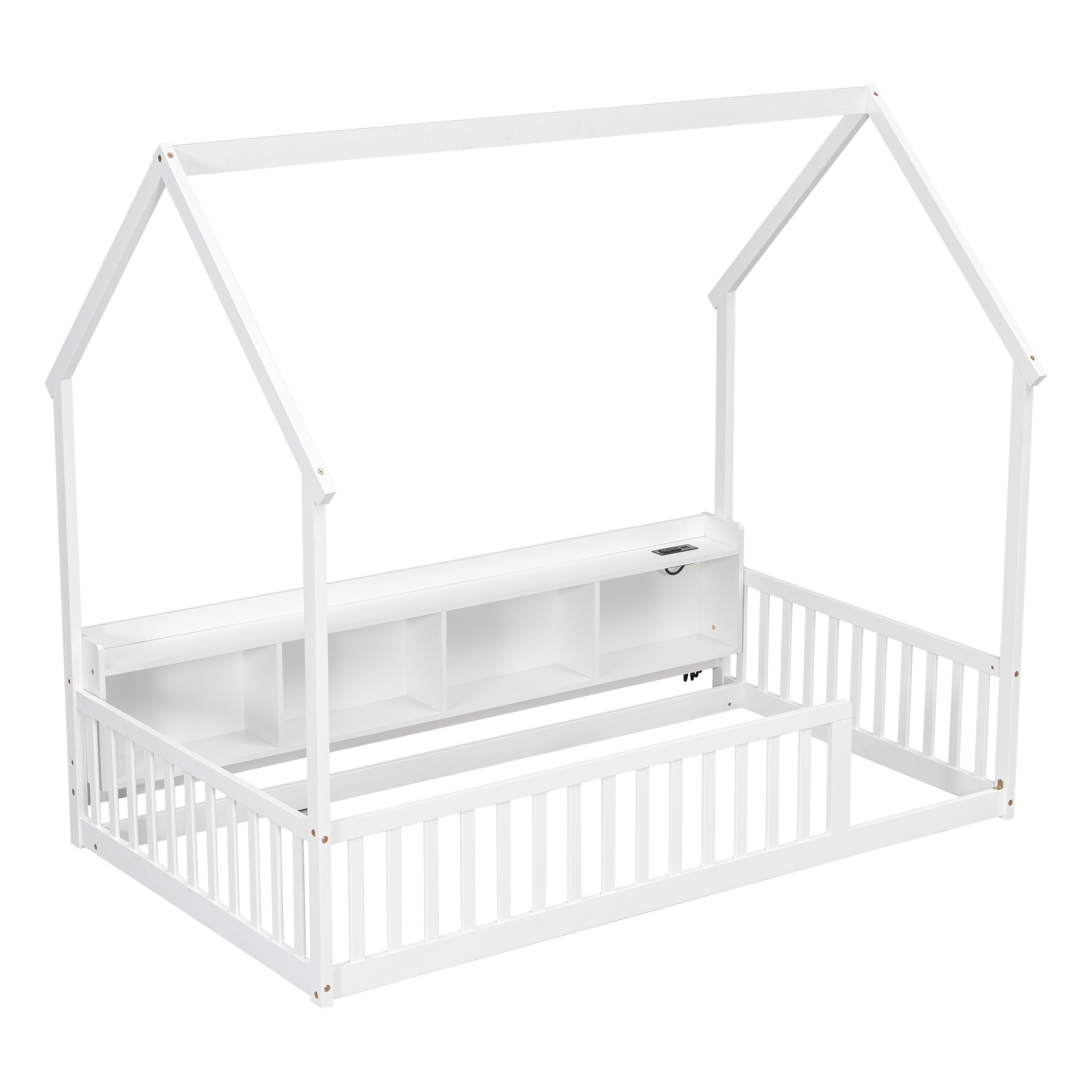 Floor Bed with House Design and Storage Shelves, Twin Pine Wood Platform Bed and Charging Station Bed Frame with LED Lights and Guardrails, White