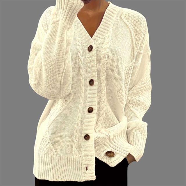 Suéter de cuello en V para mujer, cárdigan de punto de manga larga de color liso con cuello en V y blusa con botones.
