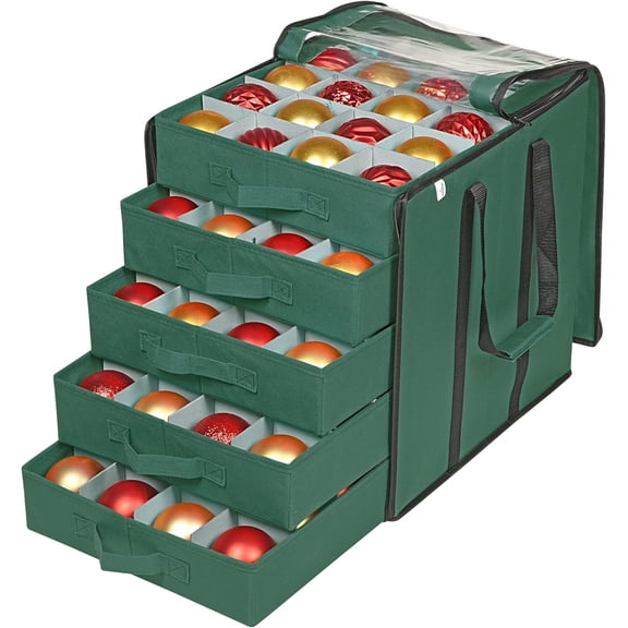 Christmas Ornament Storage Boxes with Dividers - 5 Separate Trays - Ornament Holder - Keeps 100 Holiday Ornaments - Durable Carrying Bag Handles Organizer Storage Box (Green)，Christmas storage
