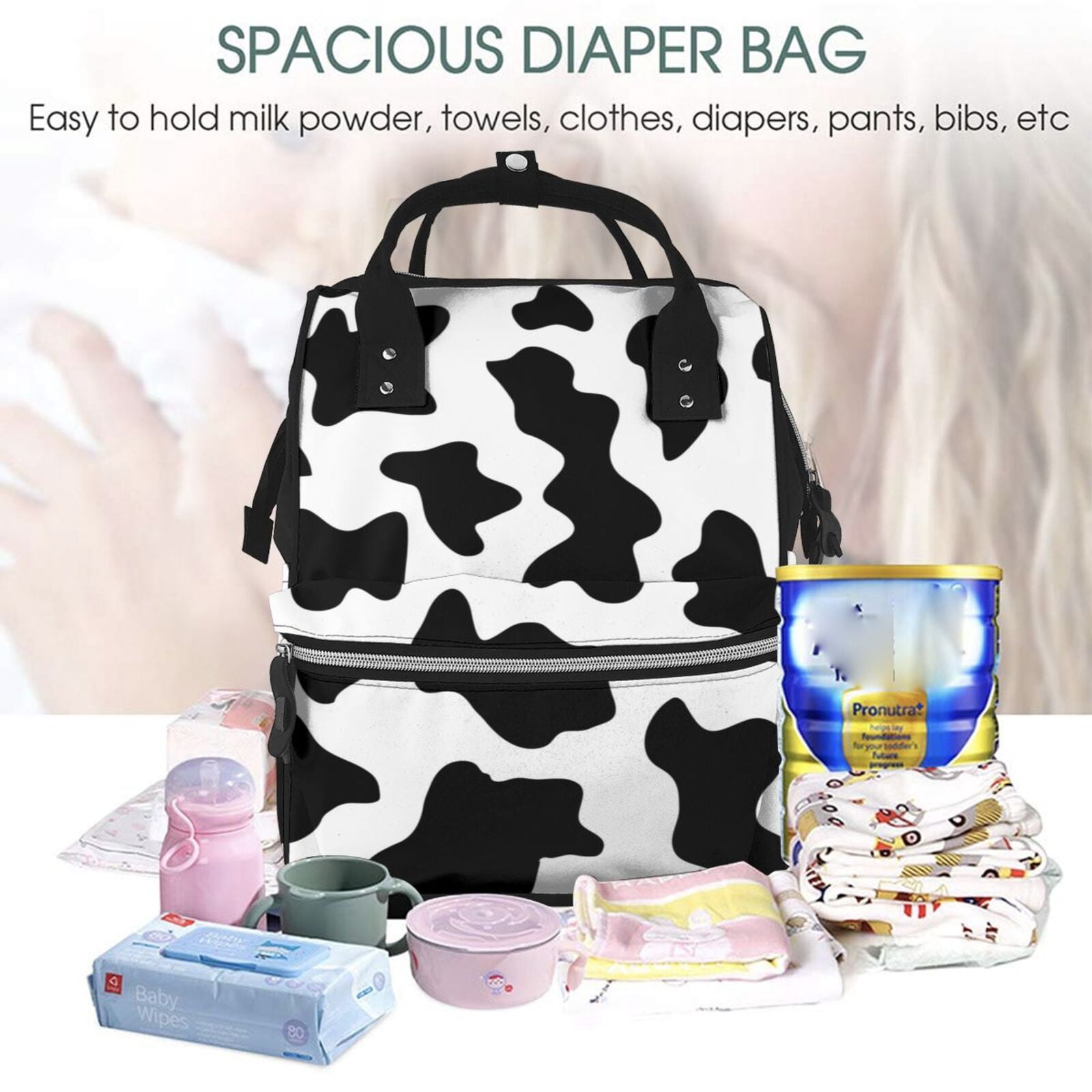 Ratiio Milk Cow Mummy Backpack - Waterproof Twill Canvas, Large Capacity Diaper Bag with Multiple Pockets and Adjustable Straps