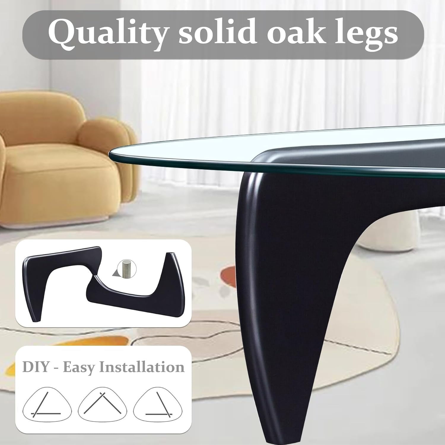 FORU Modern Glass Coffee Table, 32.68" D x 22.44" W x 15.75" H, Abstract Round Tea Tables for Living Room Home Office Industrial Cocktail Tables (Black-transparent Glass, 32.68")