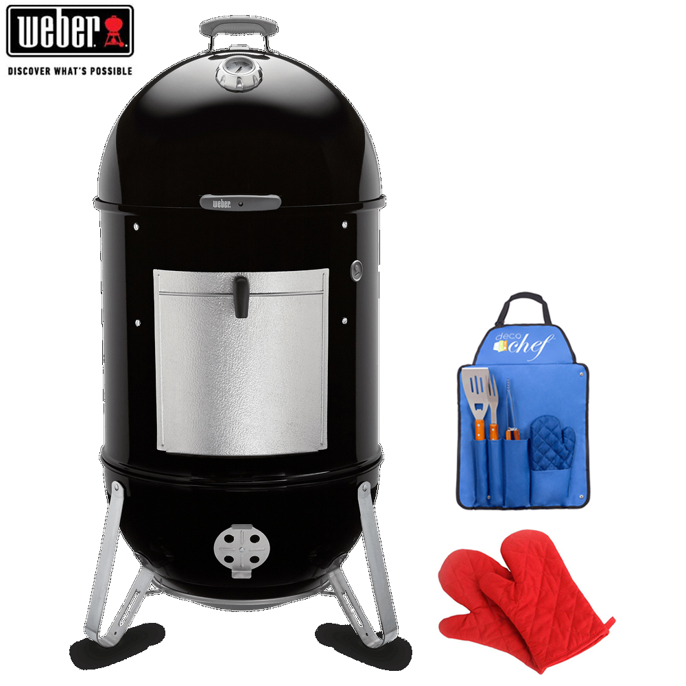 Weber 731001 Smokey Mountain Cooker Smoker 22-Inch Smoker Bundle with Deco Essentials 3pc BBQ Tool Set with Custom Blue Apron, Oven Mitt, Spatula, Tongs, Fork + Pair of Red Oven Mitts - image 1 of 10