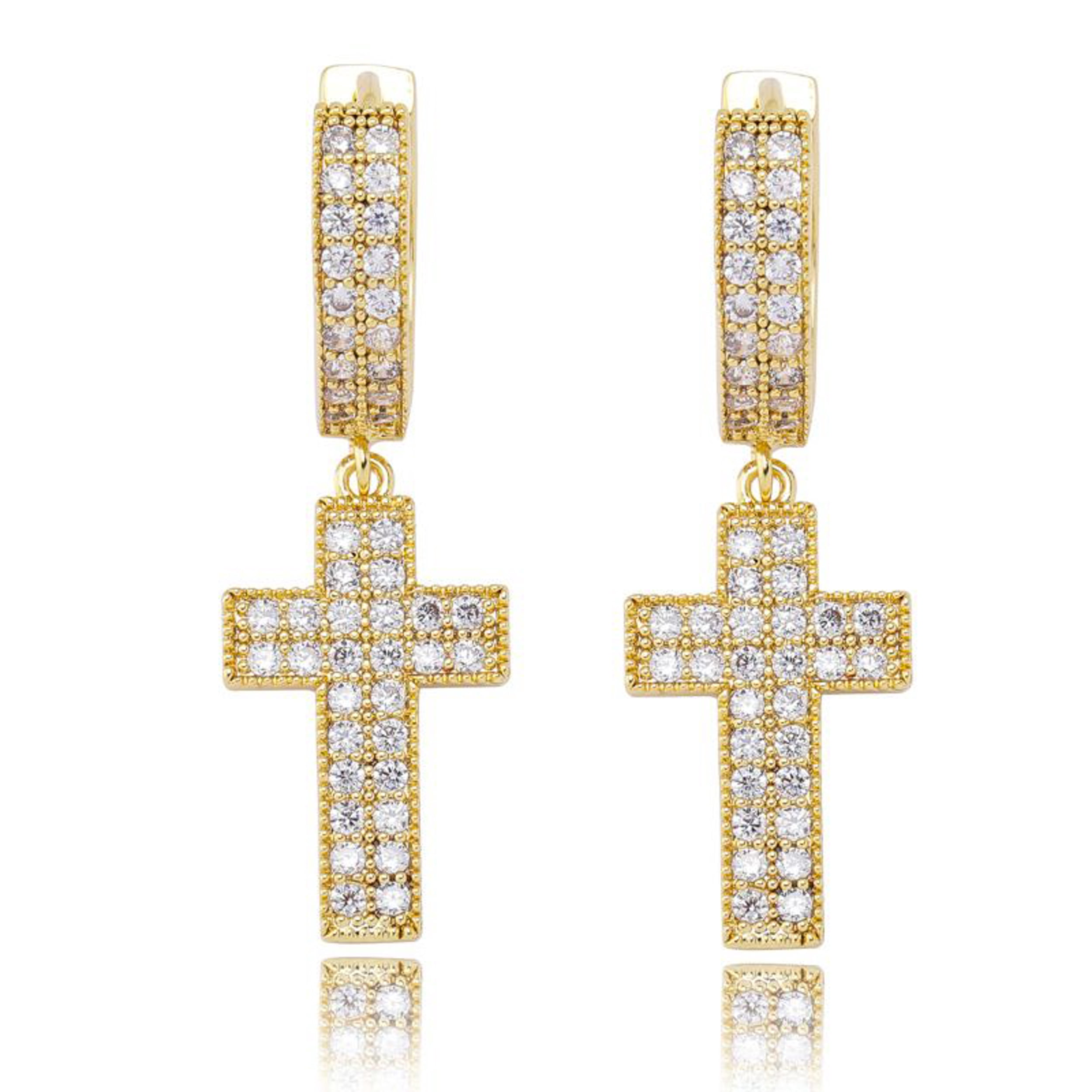 Men's Gold Plated 925 Sterling Silver Dangle Drop Huggie Cross Hoop Earrings