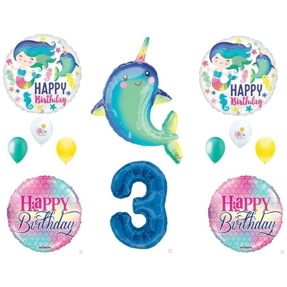 Narwhal and Mermaid 3rd Birthday Party Balloons Decoration Supplies Ocean Whale