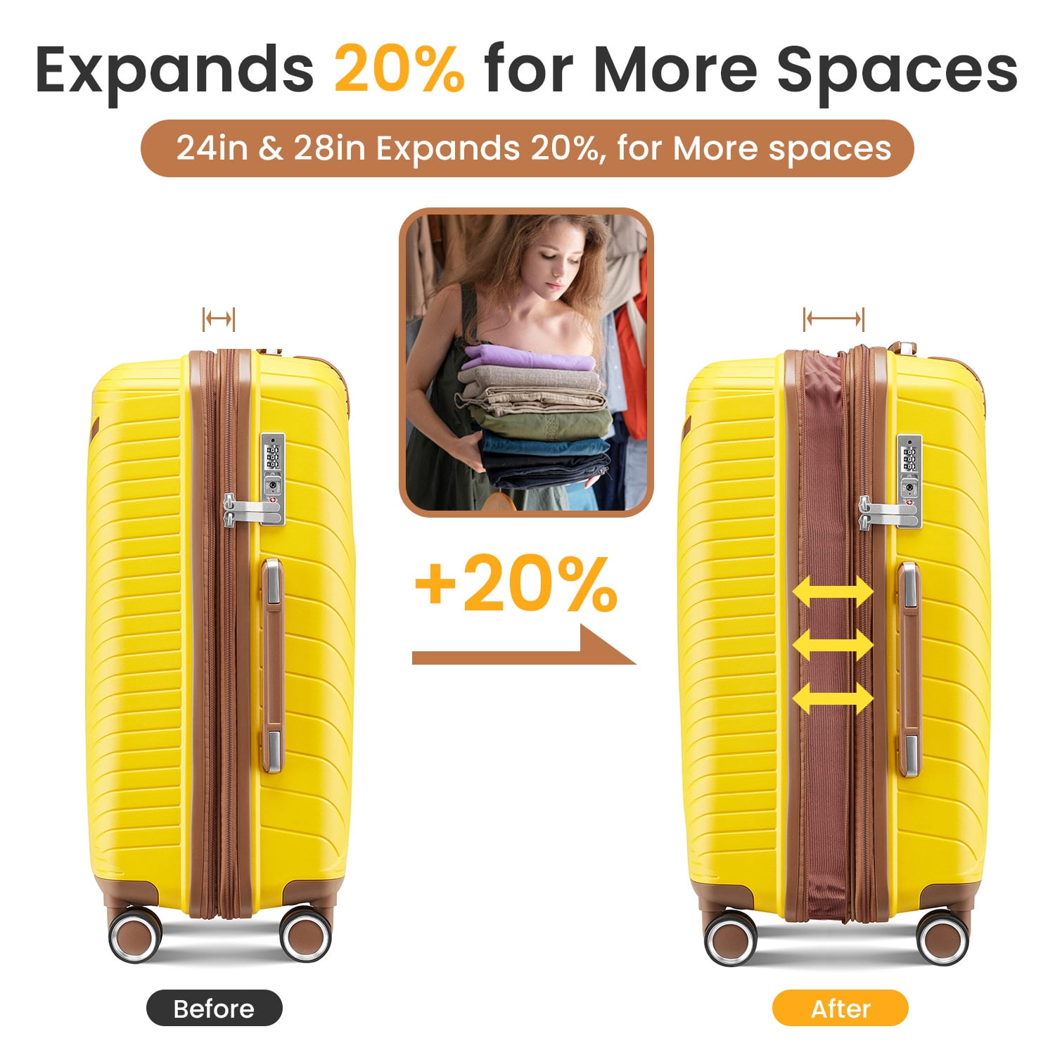 4 Piece Luggage Set, Expandable Lightweight Suitcase Set with 360° Double Spinner Wheels Integrated TSA Lock, Yellow (14/20/24/28)