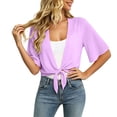 thumbnail image 3 of Womens Cropped Shrug Cardigan 3/4 Sleeve Open Front Tie Knot Chiffon Lightweight Summer Sheer Shawl Purple 2XL, 3 of 3