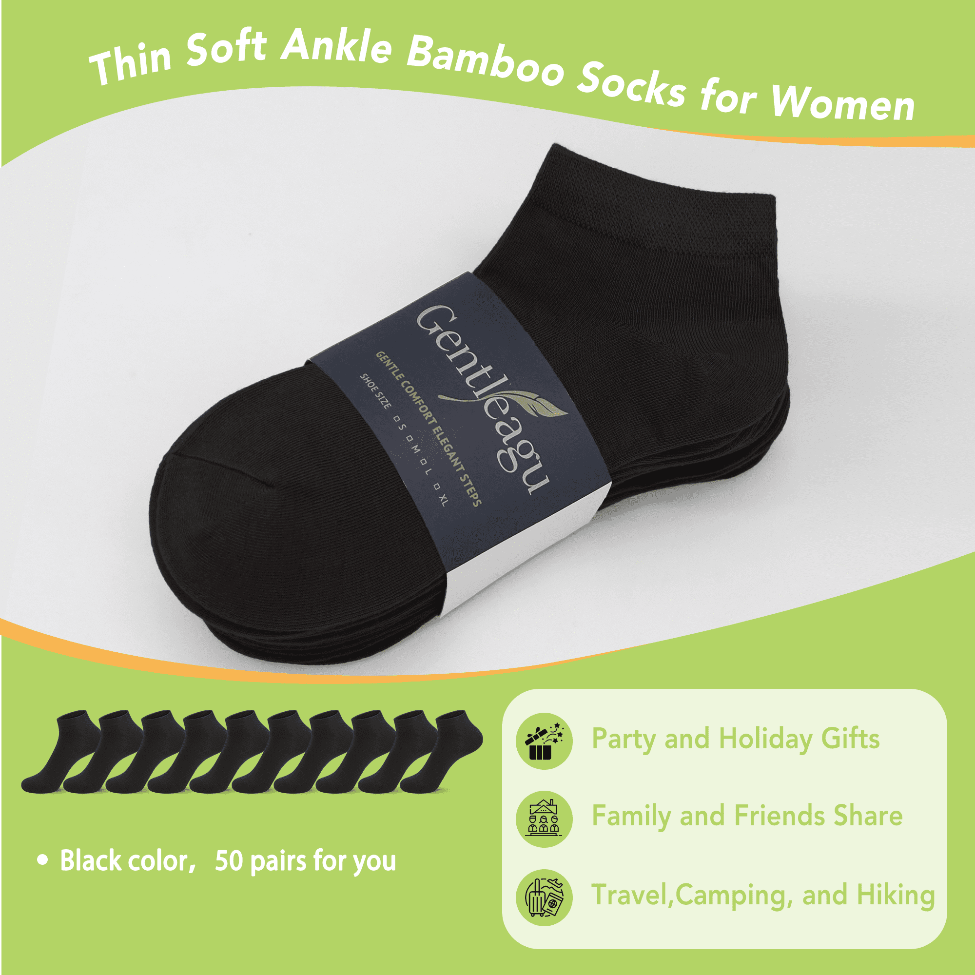 GENTLEAGU Bamboo Viscose Thin Ankle Socks for Women – Soft, Breathable, Anti-Odor – 50 Pairs, Bulk Pack