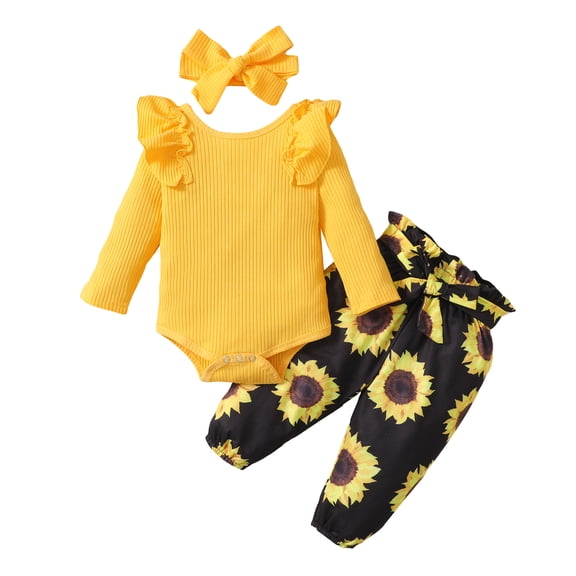 Toddler Baby Girls Outfits 12-18 Months Baby Girls Long Sleeve Romper Top Floral Pants Headband 3PCS Set Yellow