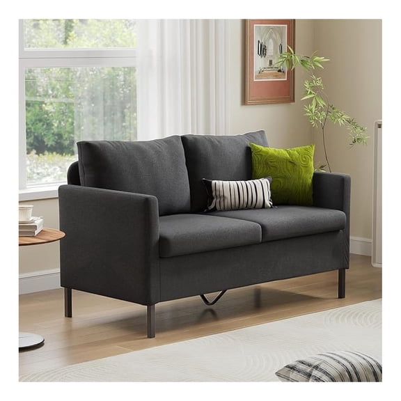 Linen Fabric Modern Small Loveseat Sofa Couch for Living Room, 51" W Little Upholstered 2-Seater Mini Love Seats w/Iron Legs for Small Space, Apartment, Bedroom, Dorm, Office (Dark Grey)
