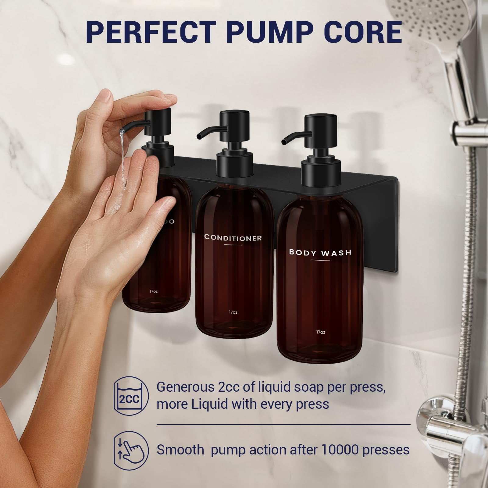 Shampoo and Conditioner Dispenser - Shower Soap Dispenser Wall Mounted - 17 fl oz Set of 3 Brown Plastic Bottles Black Pump - Shampoo Dispenser, Shower Dispenser