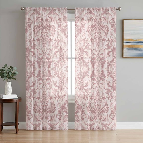 Pink Baroque Sheer Curtains 96 Inch Length 2 Panels Set, Farmhouse Scroll Floral Damask Patterned Voile Window Treatment Semi Sheer Long Curtains Drapes for Bedroom/Living Room/Kitchen 52"x96"x2