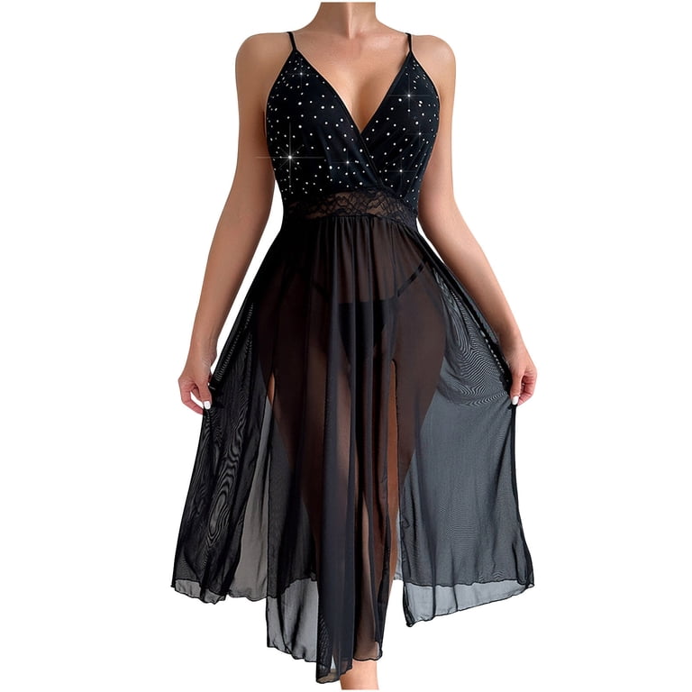 ladies night dress net LYEAA Long Nightgowns for Women Sleeveless Mesh Sheer Cozy Summer Sling Night  Gowns Chemise Solid V Neck Loose Casual Soft Pajamas Sleepwear Loungewear  Fashion Elegant Women's Nightdress Black L