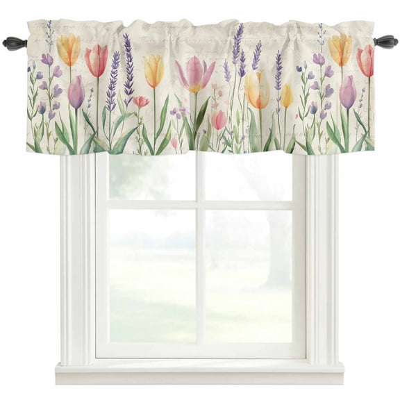 Spring Tulip Valances for Windows Colored Flower Plant Linen Texture Rod Pocket Curtain Valance Window Treatment Short Curtains for Kitchen Living Room, 54"x18"