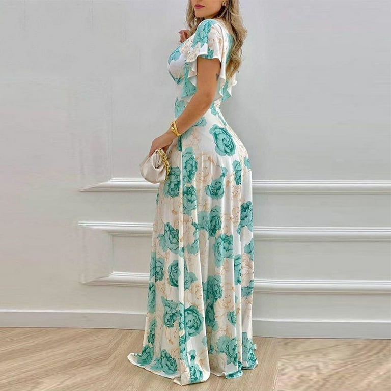 3/4 Sleeve Lotus Leaf Sleeve Print V Neck Maxi Dresses 3/4 Sleeve Lotus Leaf Sleeve Print V Neck Maxi Dresses