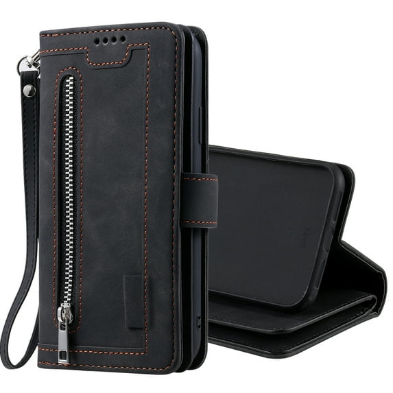 SaniMore for iPhone 13 Pro Max 6.7" 2021 Case, Prumium Leather Zipper Wallet Card Slots Cash Pocket Flip Kickstand Lanyard Anti-drop Shcokproof Full Body Wrap Business Case for iPhone 13 Pro Max,Black