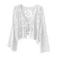 thumbnail image 3 of Women's Crochet Tops Bell Sleeve Summer Cardigan Tie Front Cropped Cover upvLightweight Top,Hollow Out,Boho,Summer Sweater(White,One Size), 3 of 3