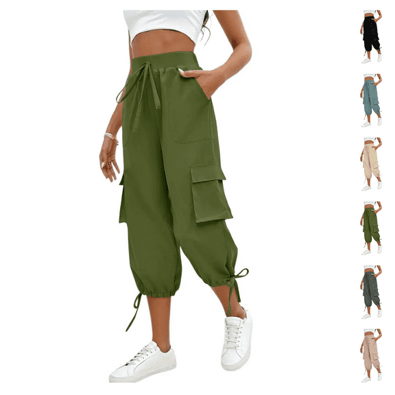 Tianiyouqing Cargo Workout Capris Women Activewear Elastic Waist with 4 Pockets Wide Leg High Waisted Relaxed Crop Trousers Quick Dry Drawstring Breathable Yoga Sweatpants Army Green XXL