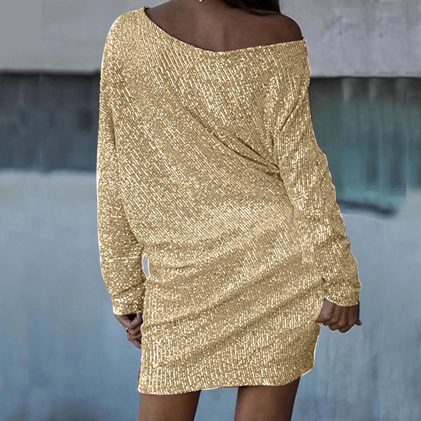 safuny Women's Above Knee Party Dress Solid Sequins Shiny Trendy One Shoulder Winter Elegant Cocktail Evening Holiday Long Sleeve Autumn Dresses Gold S