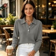 thumbnail image 4 of Golf Polo Shirts for Women Long Sleeve Trendy Button Down Waffle Textured Top Dressy Fashion Solid Color Fall Tops,XL,Dark Gray, 4 of 4