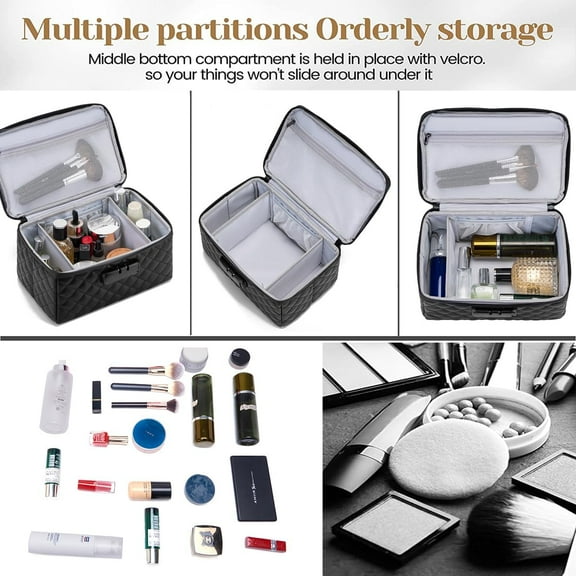 Portable Makeup Box with Lock, Large Capacity Travel Cosmetic Bag Organizer, Black