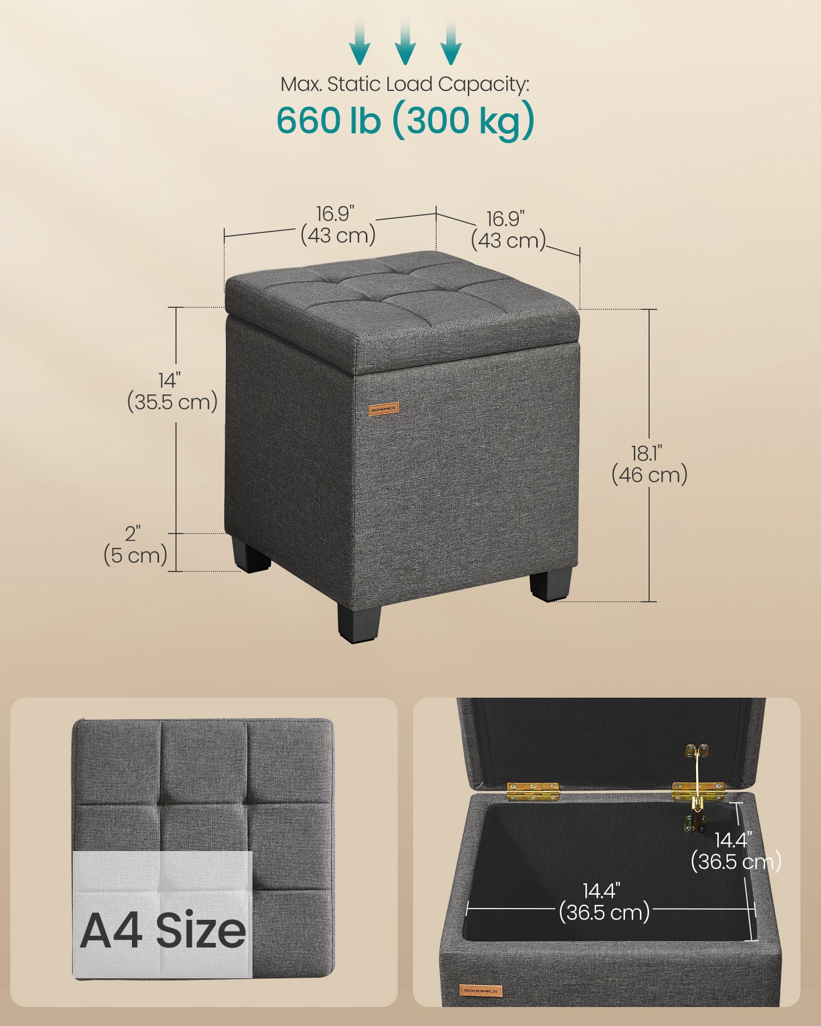 SONGMICS Square Storage Ottoman, Foot Stool Footrest, Ottoman Cube with Hinged Lid, 16.9 x 16.9 x 18.1 Inches, Linen-Look Fabric, Slate Gray