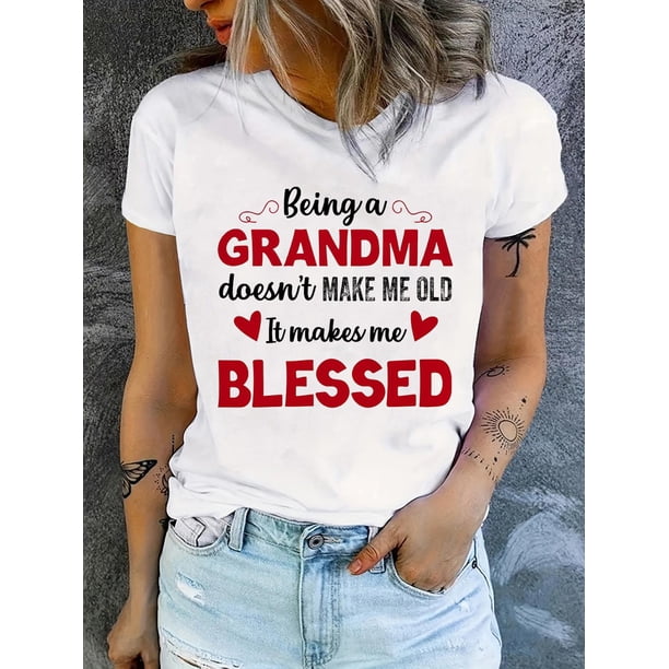 Grandma Letter & Heart Print T-shirt, Short Sleeve Crew Neck Casual Top For Summer & Spring, Women's Clothing Tee For adult, Men, Women, Teen, Teenager, adolescent, Youth