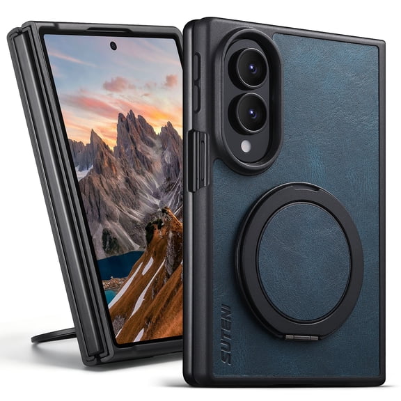 Magnetic Case for Samsung Galaxy Z Fold 8, Built-in 360° Rotatable Stand, Drop Protection Invisible Ring Kickstand Rotatable & Compatible with MagSafe, PU Leather Phone Cover, Blue