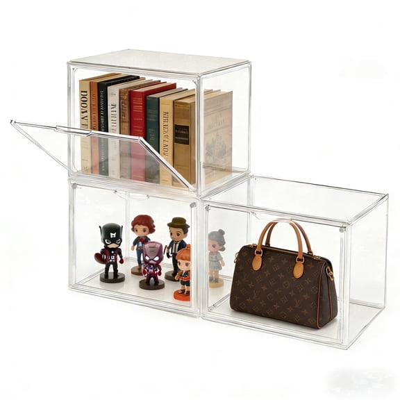 Clearance！3pcs Clear Storage Bins with Lids, Stackable Interlock Clear Storage boxes, Magnetic Lid Anti-Yellow PET Display cases 14.17×8.66×10.61in for Collectibles Sneakers Cosmetics Handbags