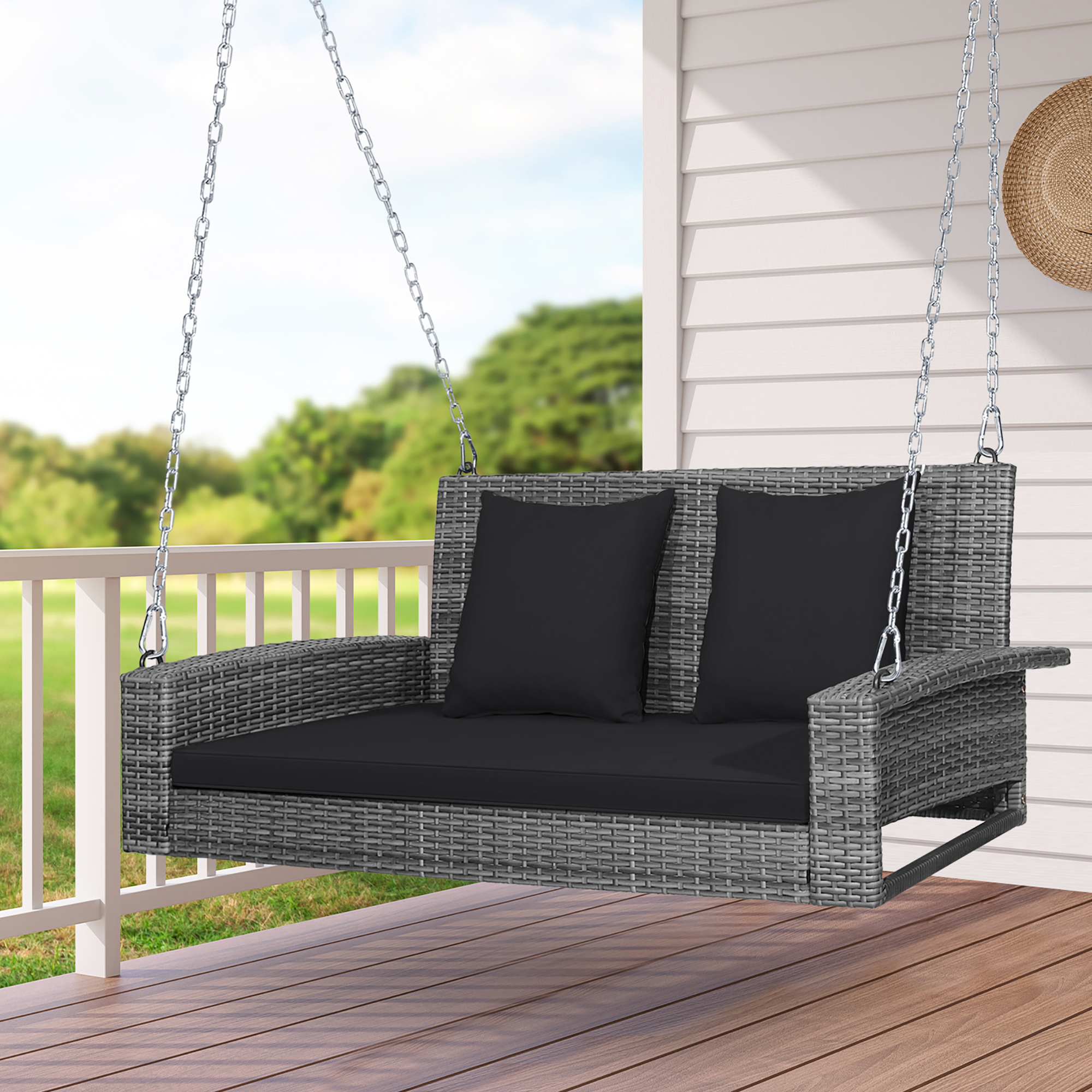 Costway 2-Person Patio PE Wicker Hanging Porch Swing Bench Chair Cushion 800lbs - image 3 of 10
