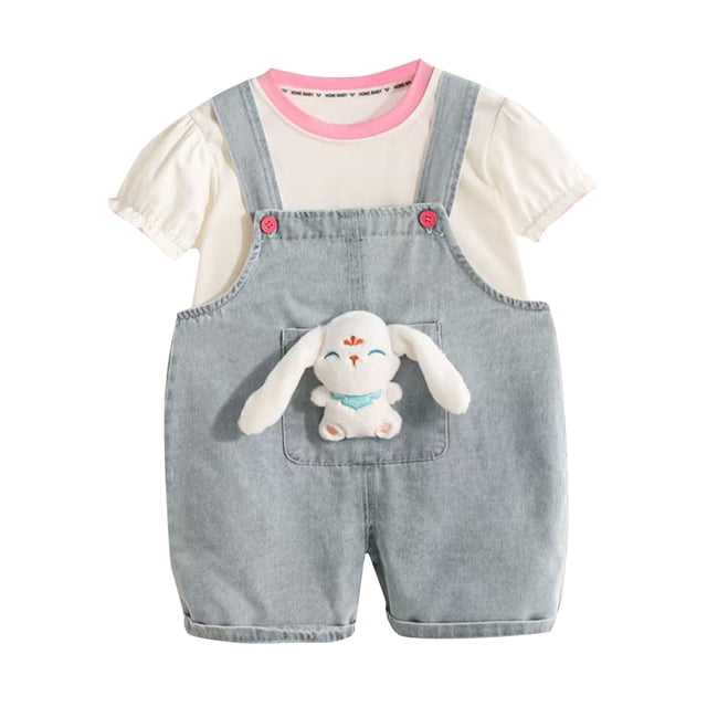 Odeerbi 0-5 Años Niños Niñas Trajes Conejo Bib Pantalones Cortos Generales Con Algodón Manga Corta Camiseta Conjunto de Verano Correa Romper Mono Traje de Juego