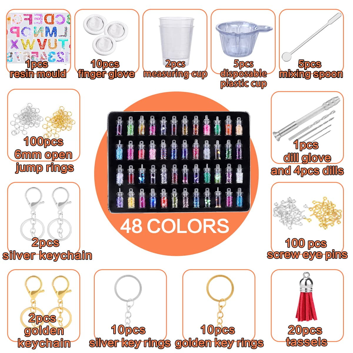 314-Piece Silicone Resin Mold Kit with Alphabet & Number Molds | Epoxy Craft Set Includes 48 Glitter Colors & Tools Accessories | Reusable Molds for DIY Jewelry, Keychains, Earrings, Tassel Pendants