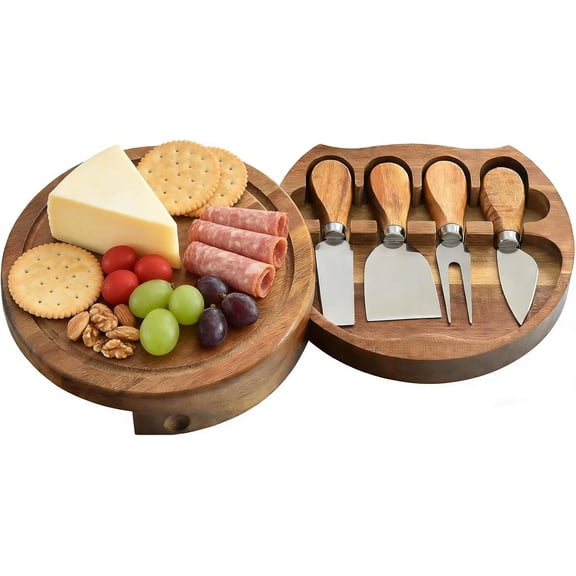 Mini Acacia Wood Cheese Board Set, Travel Charcuterie Boards with 4 Knives, Charcuterie Boards Gift Set, Gifts for House Warming New Home, Birthday, Wedding, Bridal Shower