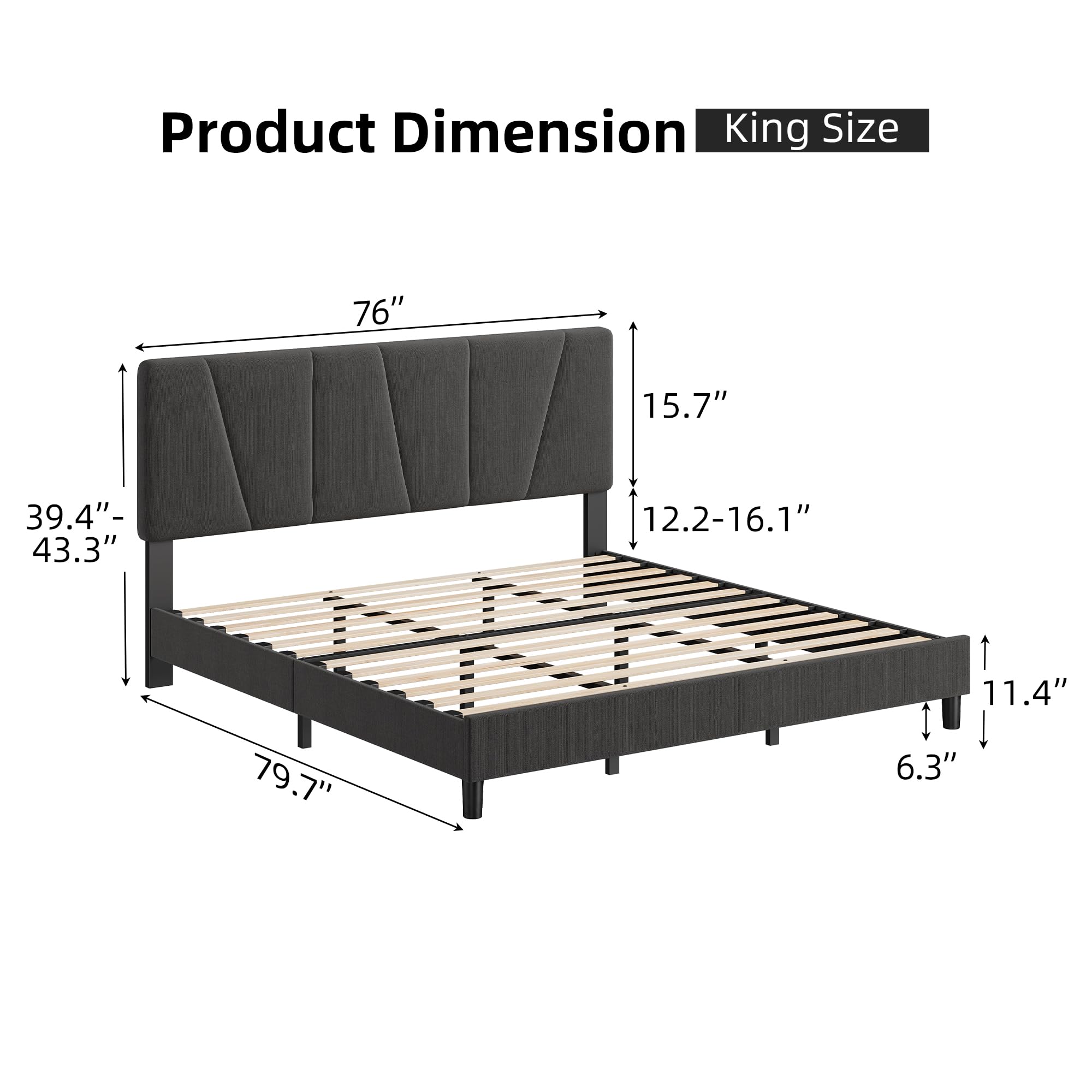 King Size Bed Frame with Adjustable Headboard, Linen Upholstered King Platform Bedframe with Strong Wooden Slats