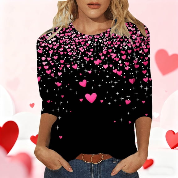 Valentines Shirts for Women Heart Print Fashion Casual Long Sleeve Lightweight Crew Neck T Shirt Loose Comfy Soft Blouses Pullover Outfits Black L