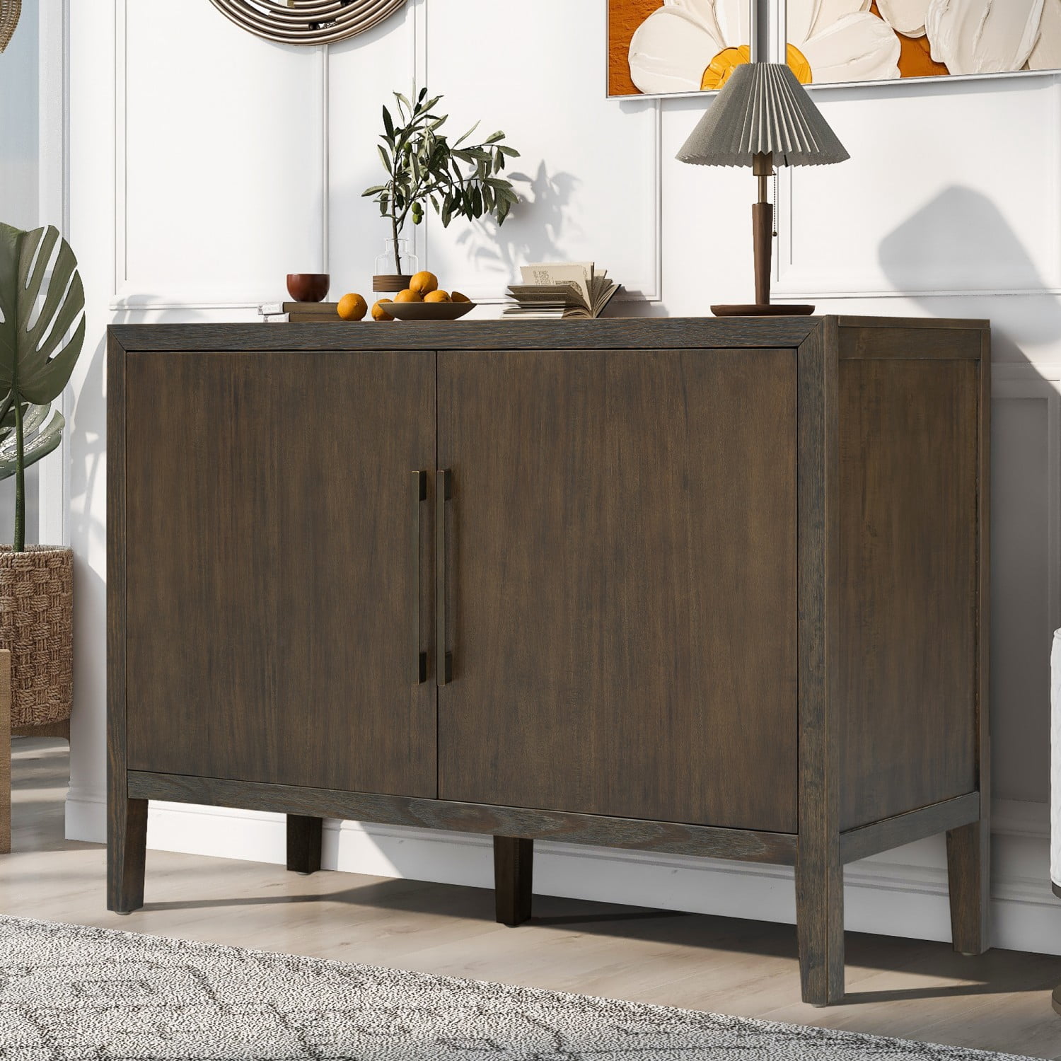 47.25" Farmhouse Sideboard Buffet Cabinet with Storage, 2 Door Wooden Coffee Bar Cabinet with Pine Veneer and Metal Handles for Kitchen, Living Room, Entryway, Dark Brown