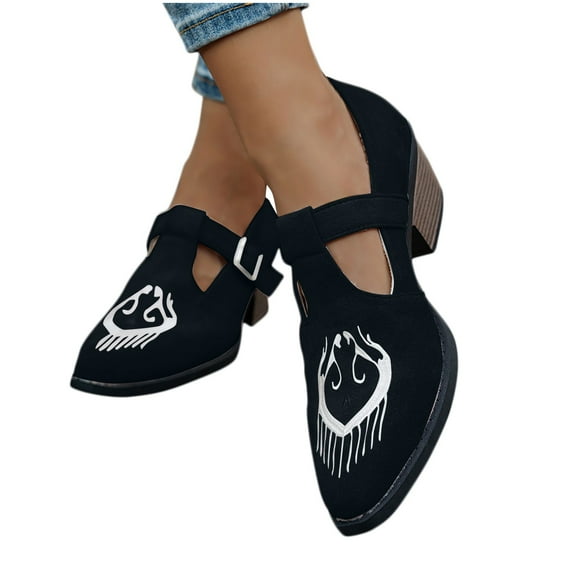 Wowcloth Women's Fashion Casual Ethnic Print Block Heel Pumps – Ankle Strap Comfortable Slip-On for Autumn Winter Daily Wear & Stylish Outfits