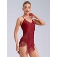 thumbnail image 3 of iiniim Womens Rhinestone Shiny Tassel Gymnastics Leotard Fringe Latin Jazz Cha Cha Dance Costume Burgundy XXL, 3 of 7
