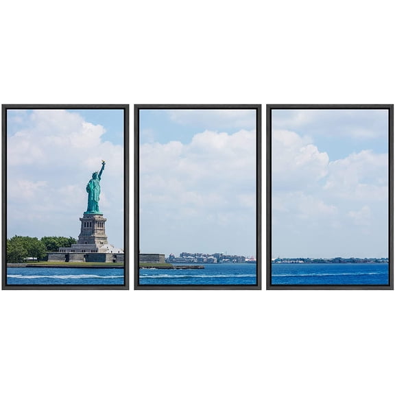 wall26 Framed Canvas Print Wall Art Set Statue of Liberty Ellis Island New York City View Nature Cityscape Photography Realism Landscape Colorful for Living Room, Bedroom, Office - 24"x36"x