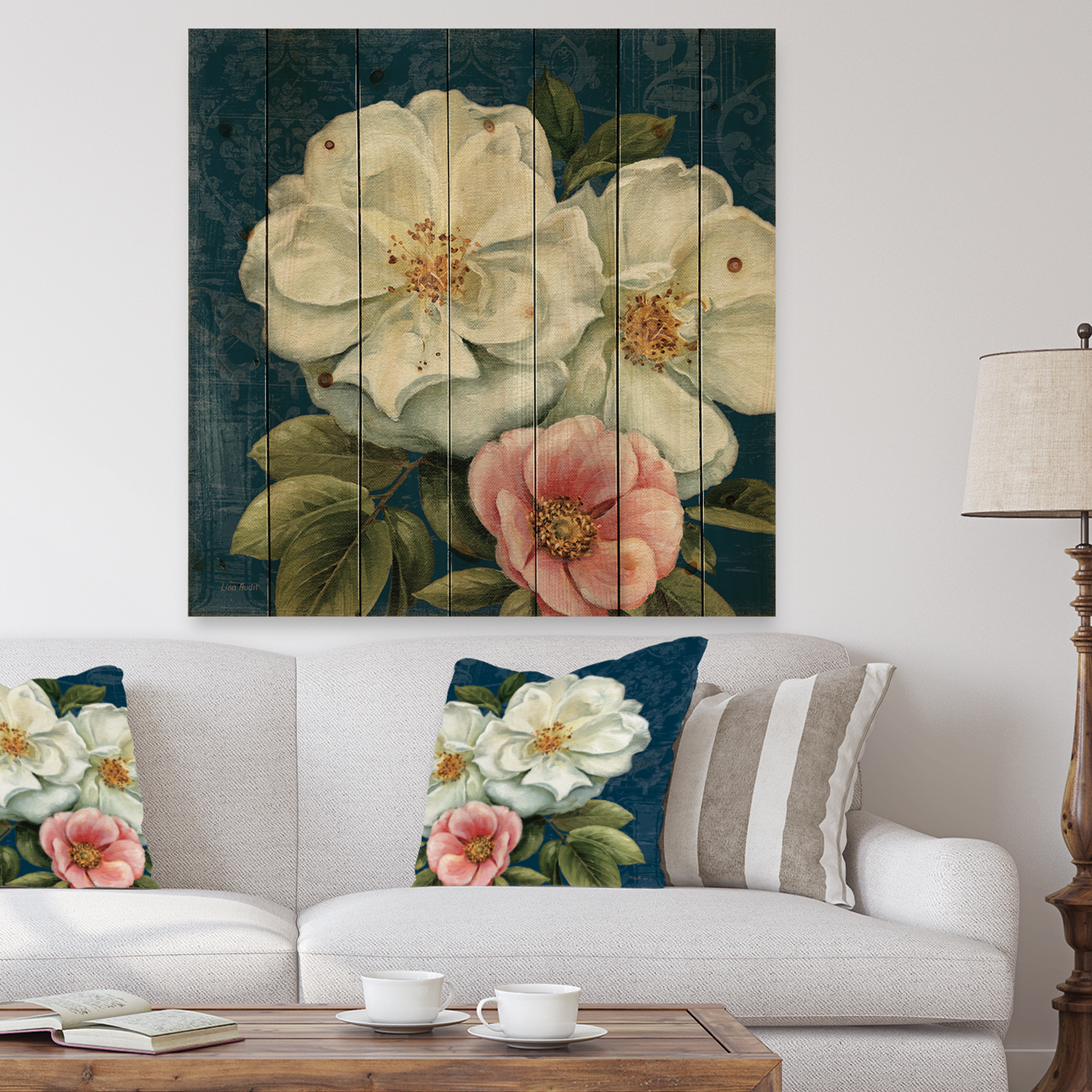Designart 'Damask Flowers On Blue' Farmhouse Print on Natural Pine Wood