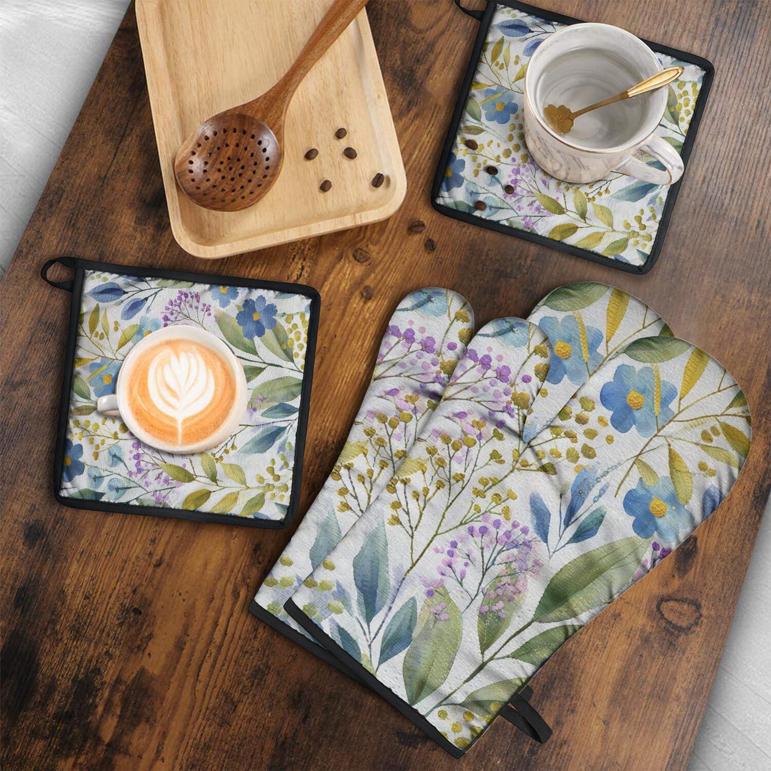 Floral Pattern Oven Mitts and Pot Holders Set Of 4, Heat Resistant Kitchen Gloves with Non-Slip Grip, Hanging Loop, Soft Cotton Lining for Baking, Cooking, Grilling, Barbecue