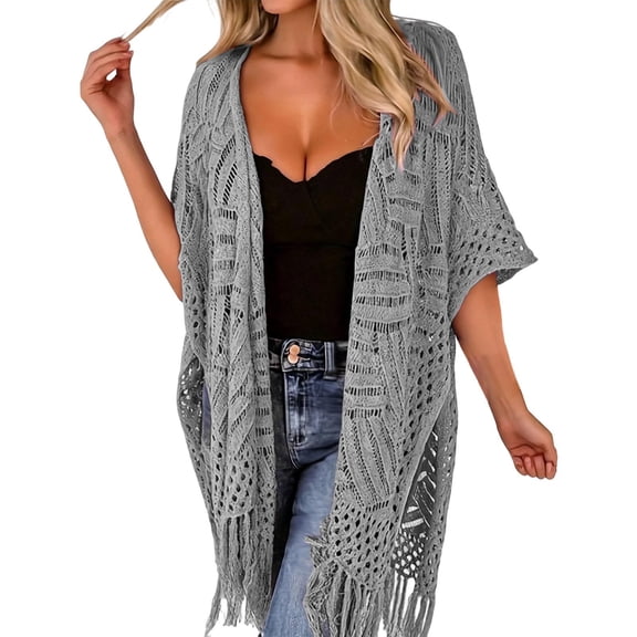 Open-Knit Tassel Cardigan for Women Summer Bohemian Lightweight Thin Cardigan Hollow Out Crochet– Beach Cover-Up with Tassel Fringe (Grey,One Size)