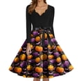 thumbnail image 4 of WTOBBY Women's Elegant V-Neck Slim Fit Halloween Printed Dress with Long Sleeves, Retro Design, and Casual Look for Party Wear and Festive Events ,Purple XL, 4 of 5