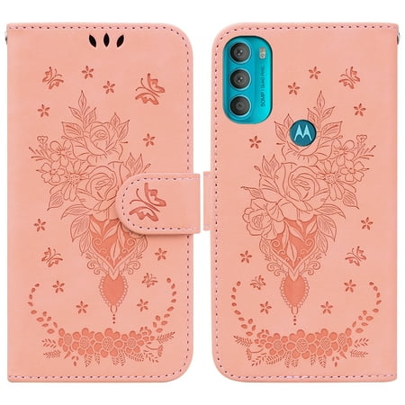 Feishell Wallet Phone Case for Motorola Moto G71 5G,for Women Men,Butterfly & Rose Embossed PU Leather Magnetic Clasp Flip Stand Card Slots Shockproof Ultra Thin Protective Cover,Pink