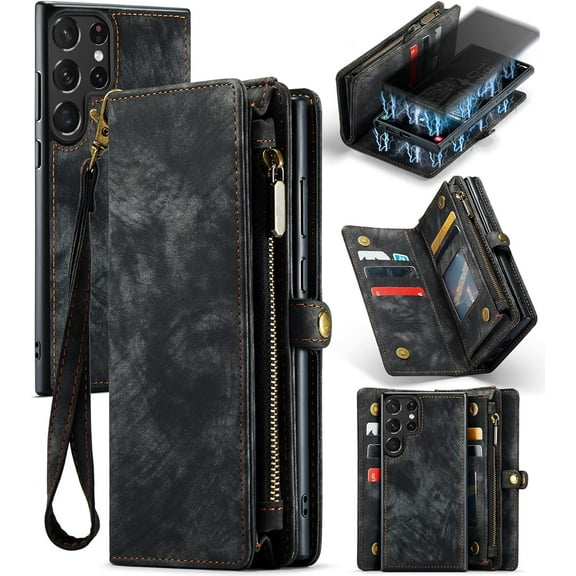 Phone Case for Samsung Galaxy S23 Ultra 5G Zipper Wallet Detachable Cover with Leather Flip Credit Cash Card Holder Mobile Cell Accessories S23Ultra 23S S 23 23Ultra 6.8 inch Women Men Black